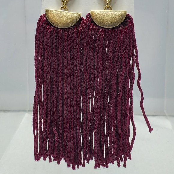 AQUA BURGUNDY FRINGE TASSEL PIERCED EARRING GOLD TOP - Picture 5 of 6